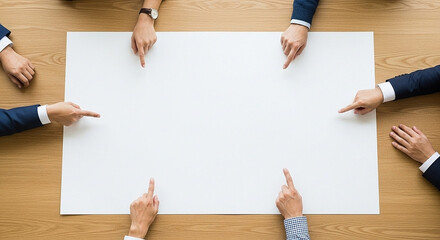 Business Team Meeting Hands Pointing at Blank White Paper on Wooden Table