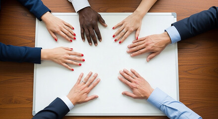 Teamwork and Collaboration: Hands on a Whiteboard in a Business Meeting