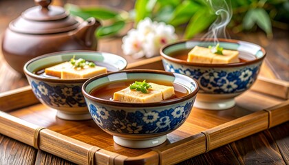 Tofu Pudding with Ginger Syrup Tào Phớ in Ceramic Bowls. Traditional Vietnamese Dessert