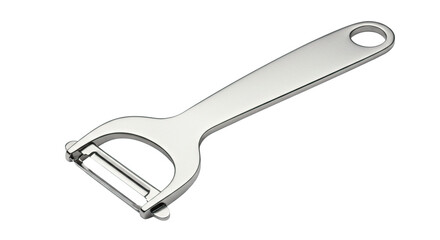 Close up of a silver vegetable peeler with a sharp blade and a comfortable ergonomic handle design