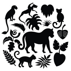 Wild Jungle Animal Vector Silhouettes – Monkey, Parrot, Giraffe, Snake and Tropical Plants