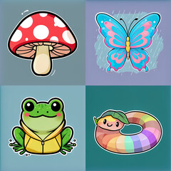 frog, butterfly, caterpillar and mushroom icon on abstract background, rainy season, graphic design illustration wallpaper 