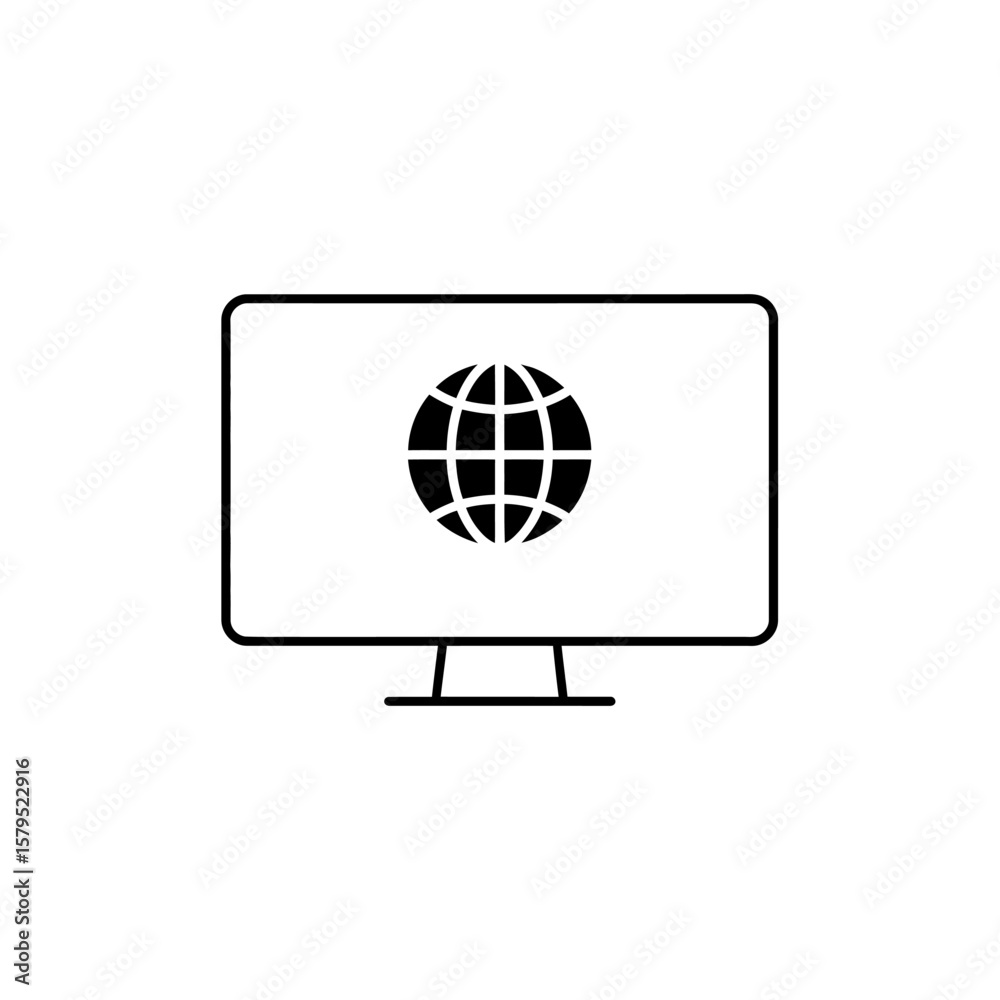 Poster iconic computer screen displaying a webpage with a globe centered within, modern minimalist design