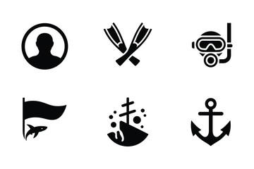 Person silhouette fins mask snorkel flag shark anchor underwater scene profile circle