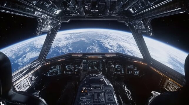 Spaceship interior. View on open space or planet. Futuristic sci-fi laboratory or corridor with neon light.