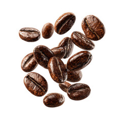 Roasted Coffee Beans Falling Dark Background, | isolated on transparent background, perfect cutout, PNG