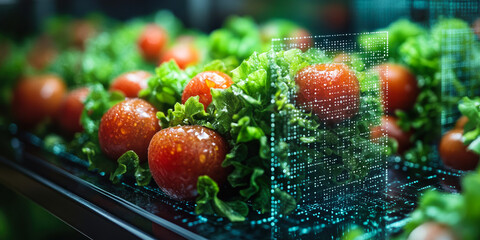 Close-up of fresh lettuce and tomatoes with digital data visualization overlay representing food quality analysis and technology in agriculture production line