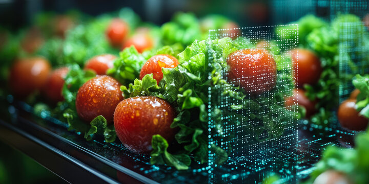 Close-up of fresh lettuce and tomatoes with digital data visualization overlay representing food quality analysis and technology in agriculture production line