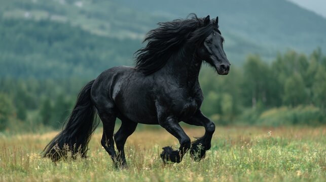 Black horse galloping in a grassy field against a misty mountain backdrop - Powered by Adobe