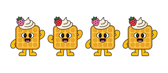 Fototapeta premium Cute Cartoon Waffles with Whipped Cream and Strawberries