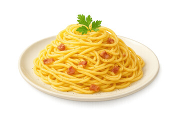 Creamy spaghetti carbonara featuring crisp bacon strips, garnished with fresh parsley, resting on pristine white porcelain plate