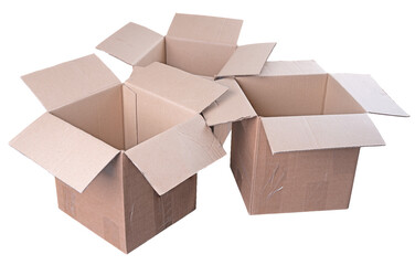 Three open cardboard boxes on an isolated background.