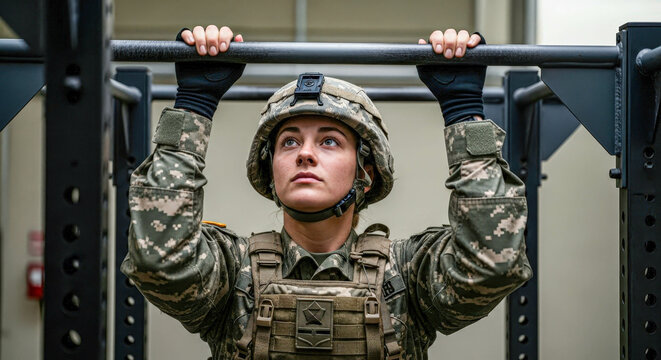 Woman army soldier in full gear holding onto a fitness bar, looking up. Military training and physical fitness concept.