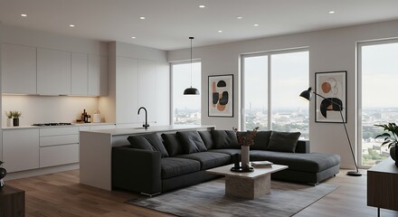 Fototapeta premium Modern apartment interior design showcasing open-plan kitchen and living area with large windows and city view.