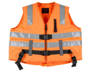 An orange life jacket with gray stripes on the front, transparent background, PNG fil 