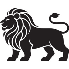 A black silhouette of a lion standing with a mane and tail on a light gray background design on transparent background