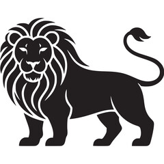 A black silhouette of a lion standing with its tail curled on a plain white background design art on transparent background