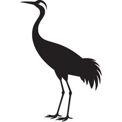 Silhouette of a crane standing tall with its long neck and legs against a plain background in monochrome on transparent background