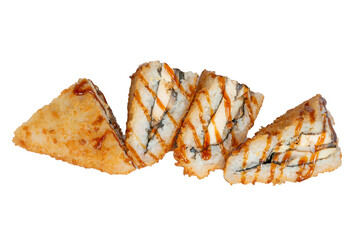 Crispy sushi sandwich triangles with grilled chicken and teriyaki sauce isolated on white...