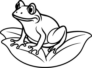 Frog sitting on leaf line art drawing with clear outlines and simple design showing amphibian resting calmly on foliage