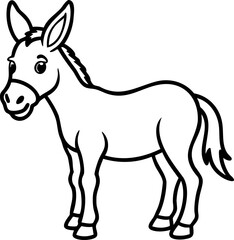 Fototapeta premium Donkey outline drawing with large ears and expressive eyes, simple black line art showing animal standing calmly with tail and mane details