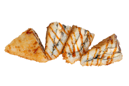 Crispy sushi sandwich triangles with grilled chicken and teriyaki sauce isolated on white background
