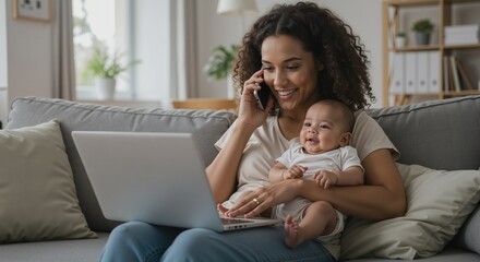 Mother talking on the phone while holding baby and working on laptop  