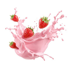 Strawberries splashing in pink milk delicious dessert treat, | isolated on transparent background, perfect cutout, PNG