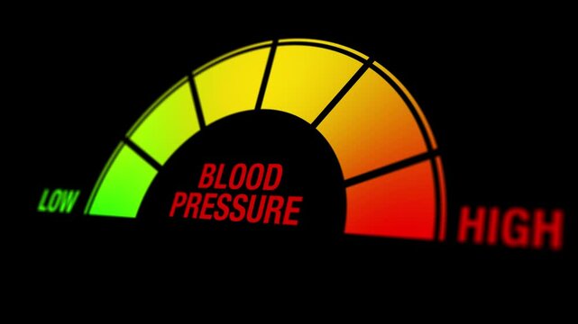 A graphic animation representation showing a gauge for blood pressure levels with sections marked low to high, emphasizing health awareness and monitoring.