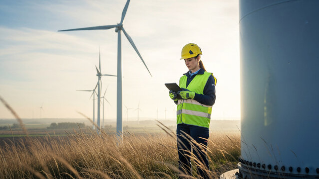 Female engineer wearing safety gear inspecting wind turbines with digital tablet, renewable energy farm technology in rural field, sustainable power generation industry concept