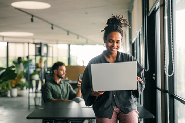 Professional business woman, female programmer thinking on online investment or software development