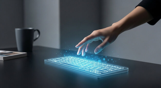 Futuristic keyboard technology concept with glowing keys and hand reaching for it on dark surface
