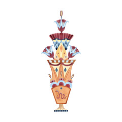 Egyptian vase with lotuses, column ancient symbols snake. Ethnic patterns, ornate. Watercolor illustration isolated from background. Ancient culture concept for souvenir, postcard. Vertical border