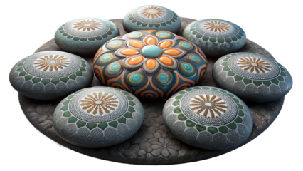 Arrangement of painted stones on a textured surface with a central floral design stone present here now on transparent background