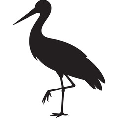 Silhouette of a crane standing on one leg against a plain white background in a simple illustration on transparent background