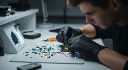 Electronics repair technician soldering circuit board components microelectronics repair service technology expert