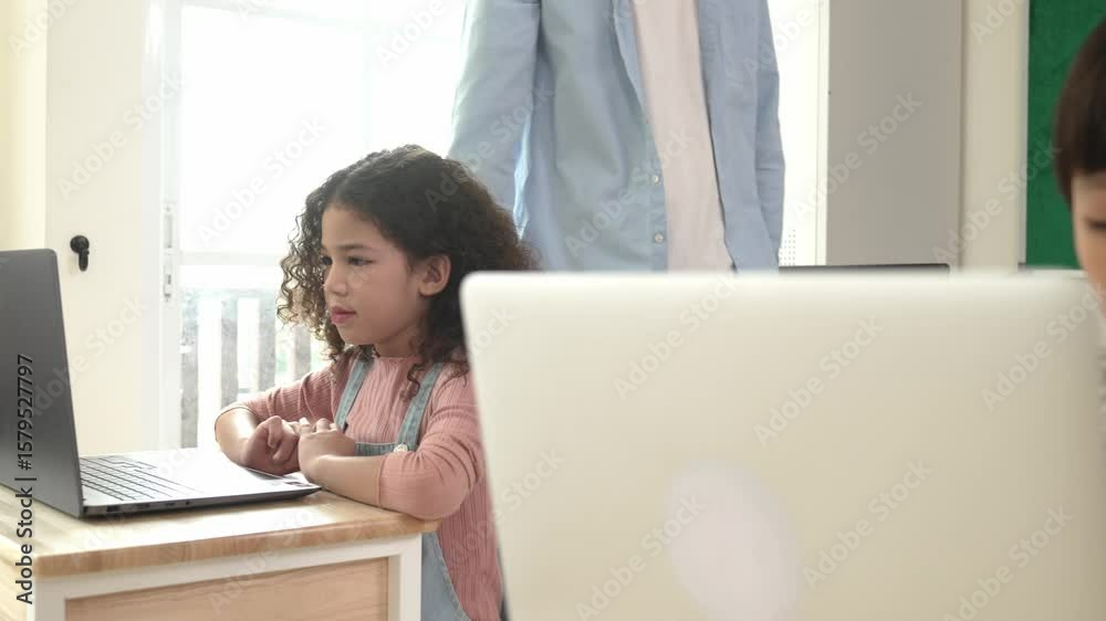 Poster caucasian teacher helping energetic boy coding engineering prompt while diverse student using softwa