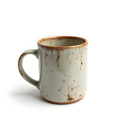 Scratched ceramic mug with chipped glaze and scuffed surface  