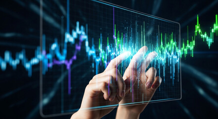 Financial stock market analysis data chart business graph with hands and digital screen technology