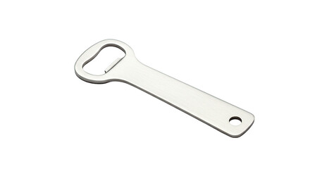 A shiny silver bottle opener with a hole at the end is isolated on a black background in a studio shot