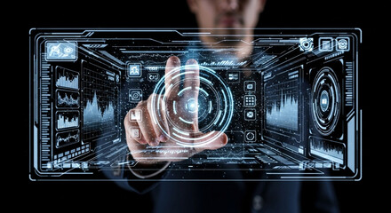 Man touching interface screen futuristic technology digital hud data innovation concept display control