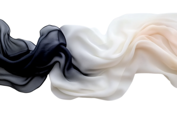 A black, white, and cream-colored silk scarf floating in the air on a pure white isolated on a transparent background in PNG format.
