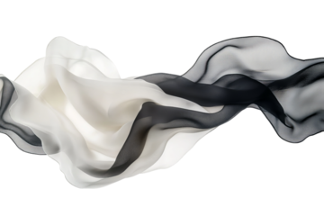 A black, white, and cream-colored silk scarf floating in the air on a pure white isolated on a transparent background in PNG format.