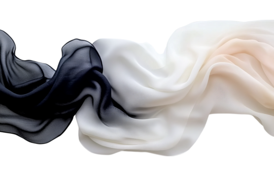 A black, white, and cream-colored silk scarf floating in the air on a pure white isolated on a transparent background in PNG format. - Powered by Adobe