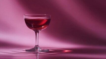 Close-up of a wine glass filled with a deep red liquid. the glass is made of clear glass and has a long stem. the background is a gradient of pink and purple, creating a soft and dreamy atmosphere.