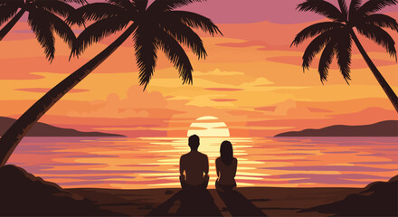 Adobe illustrator vector flat style illustration of a romantic couple sitting on a tropical beach, silhouetted against a sunset sky with palm trees, enjoying a peaceful summer evening by the ocean