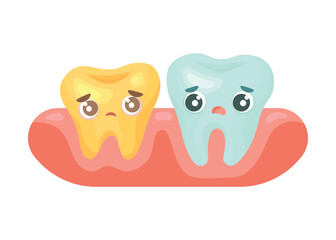 Sad cartoon tooth character with cavity and decayed tooth. Dental problem and pain illustration. Caries and treatment concept