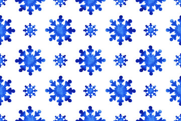 Seamless pattern with blue watercolor snowflakes on a white background. Winter watercolor background.