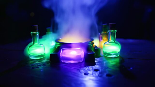 Magical potion cauldron and glowing bottles with Halloween fantasy.