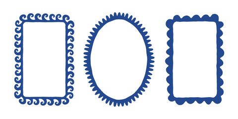 Set of decorative vintage frames in dark blue color. Collection of hand-drawn oval and rectangular borders with ornate, swirl, and gear-like edges for photos or text, isolated on white background